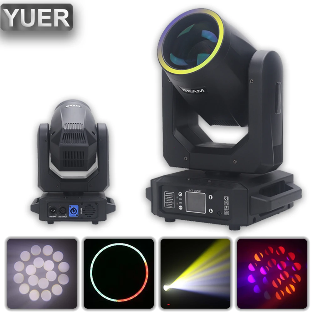 yuer led moving head beam light gobo com anel 18 prisma rainbow effect dmx control disco party clube iluminacao de palco dj 200w 01