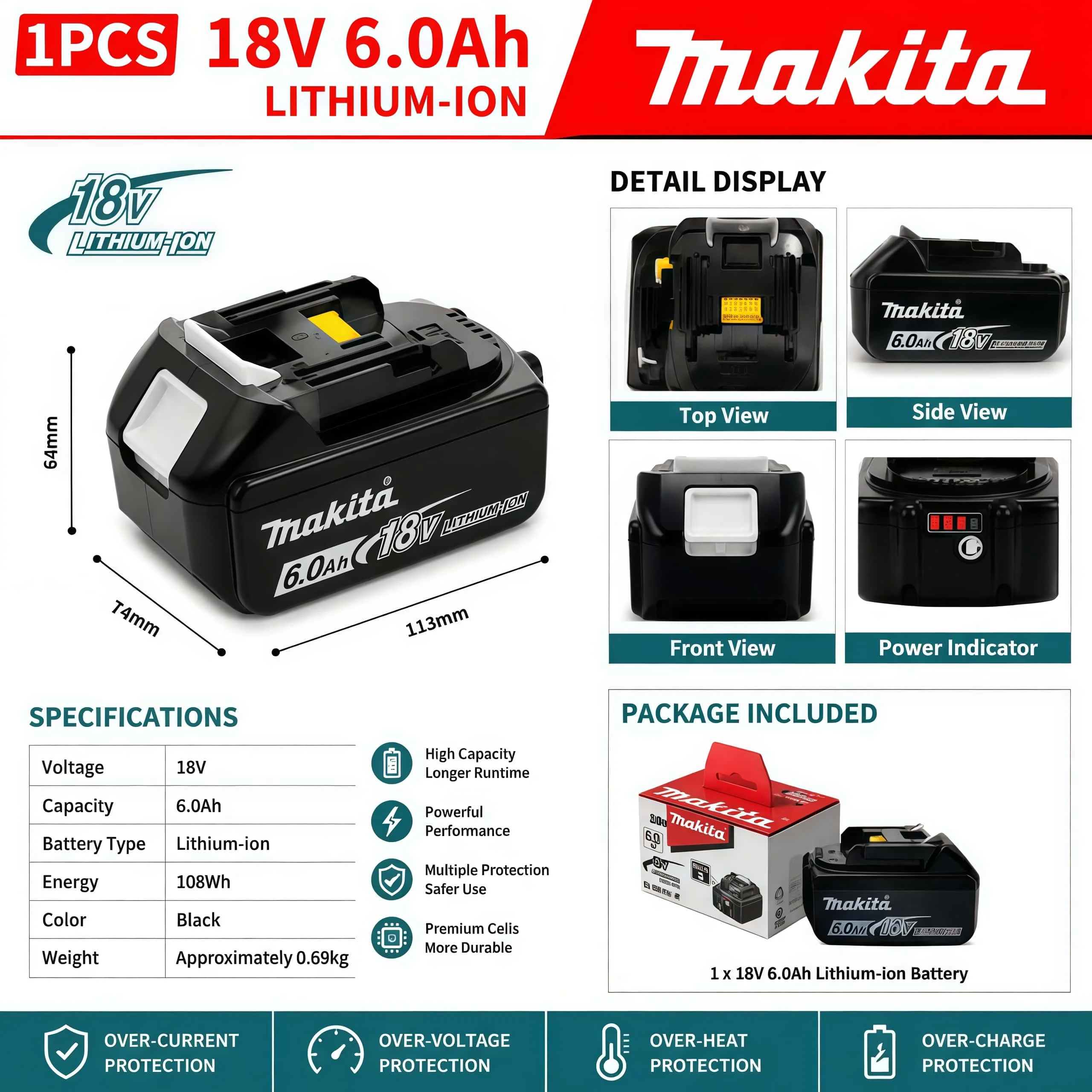 Genuine Makita BL1860 6AH Li-ion Battery Power Tools Replacement 18V Screwdriver 6AH Capacity LXT BL1850 BL1840 with BMS 18v Bat