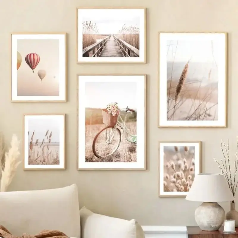 Beige Reed Orchid Bike Landscape Wall Art Canvas Home Decor Aesthetic
