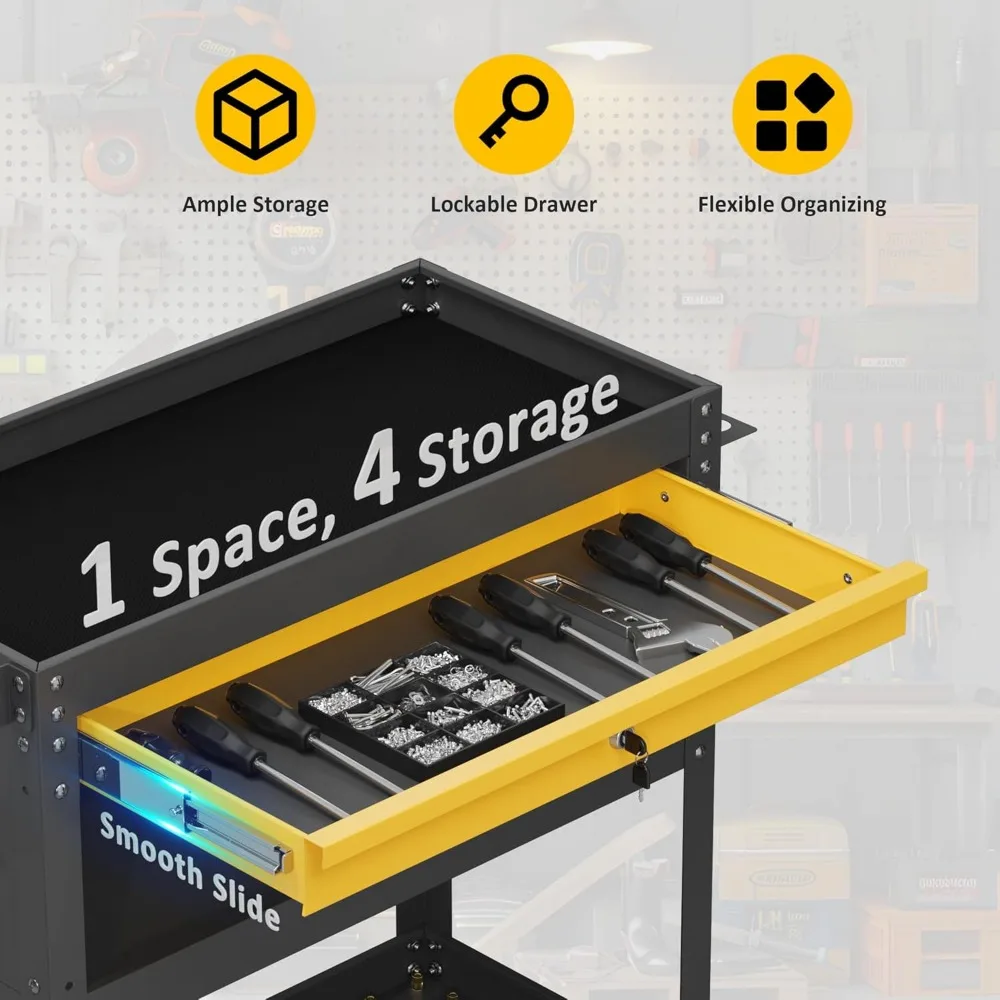 Тележка для инструментов на колесах, сверхмощная универсальная тележка, рабочая тележка с ящиками и пегбордами, грузоподъемность 440 фунтов