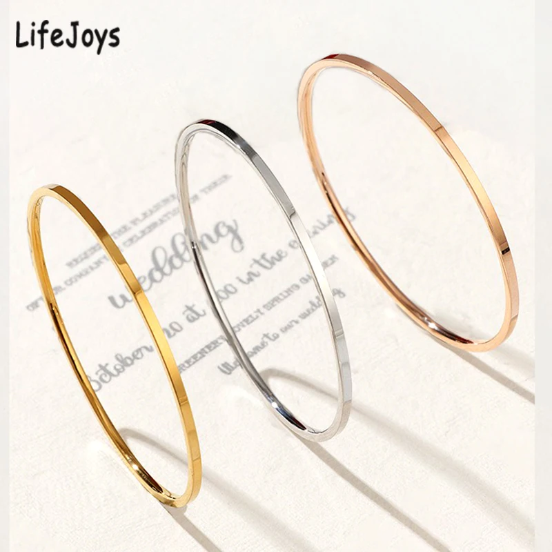 2mm Stainless Steel Thin Bangle Bracelet Women Simple Stackable Circle Jewelry Rose Gold Silver Color 55/ 60/ 65mm Flat Surface