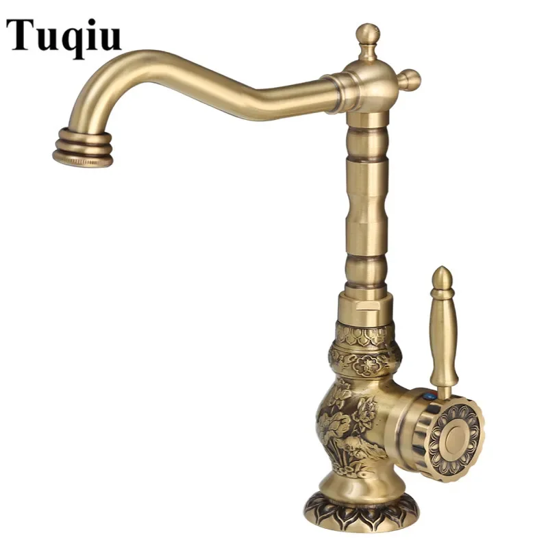 Grifo de baño antiguo, grifo de lavabo de latón, grifo de lavabo de baño tallado, grifo de cobre, grifo mezclador de agua fría y caliente giratorio, grúa