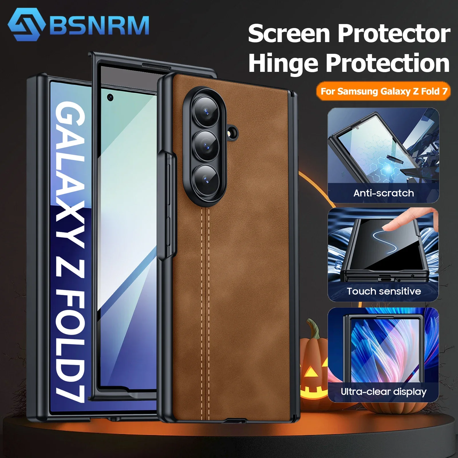 

Подарки на Хэллоуин, встроенная защита HD, искусственная кожа + жесткий корпус ПК, ультратонкий прочный защитный чехол для Galaxy Z Fold 7-коричневый