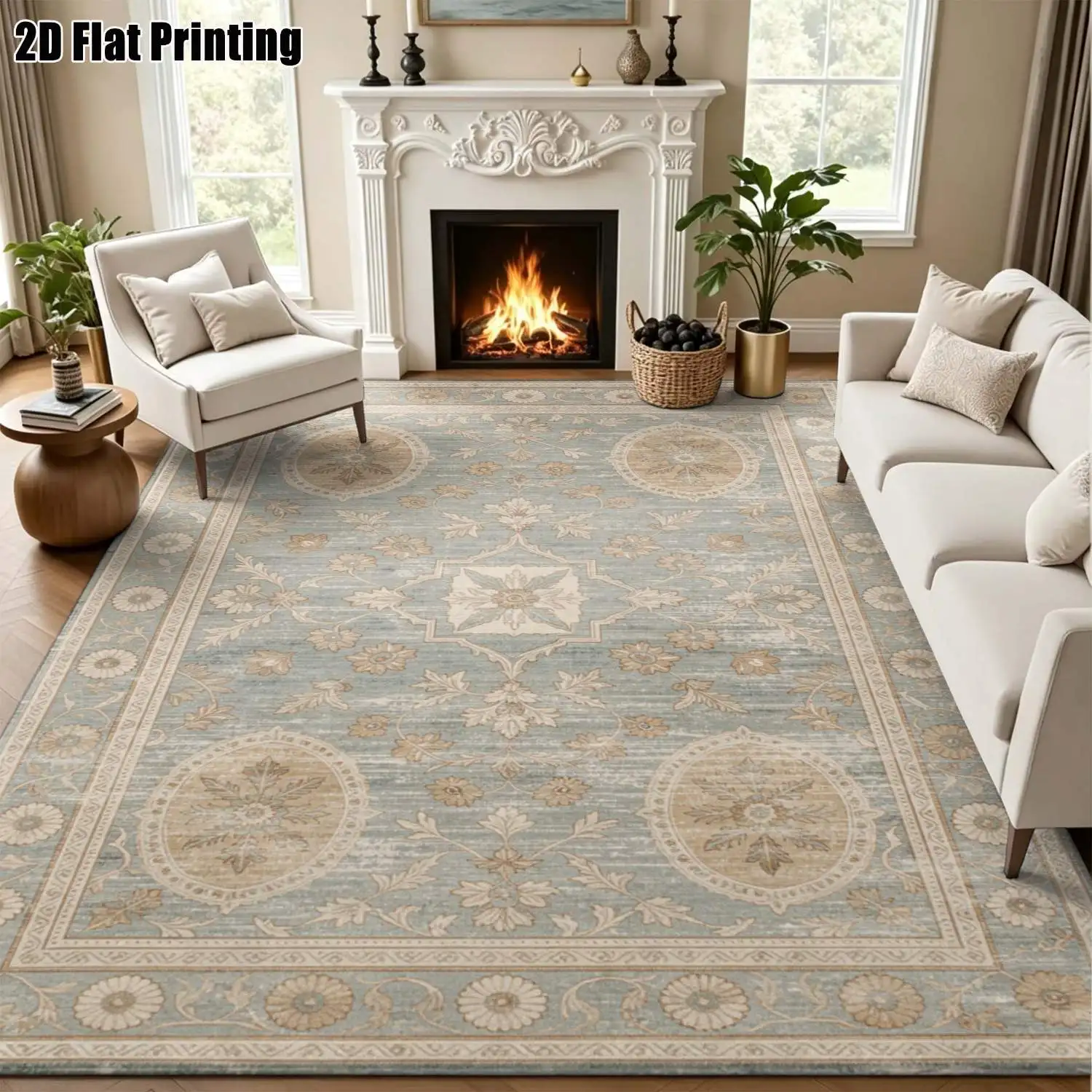 1Pc 2D Printed Carpet: Grey-Blue Retro European Floral, Nordic/Simple Style, Multi-Size, Machine Washable, for Entrance, Dining, Bedroom, Living Room & More Home Decor