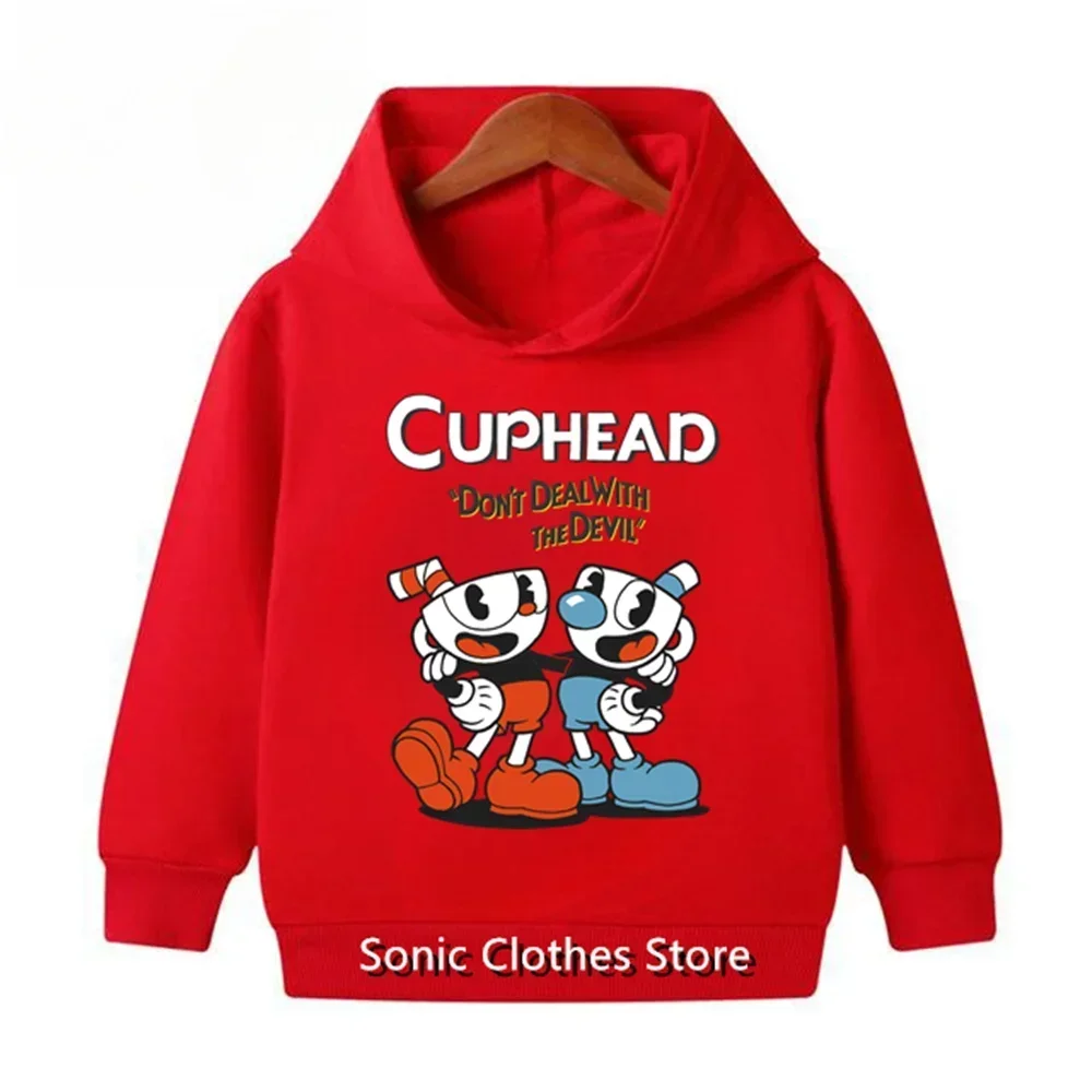 Cuphead Print Hoodies Boys Girls Anime Sweatshirts Children Funny Pullovers Tops Sudadera Kids Cute Cartoon Casual Outerwears