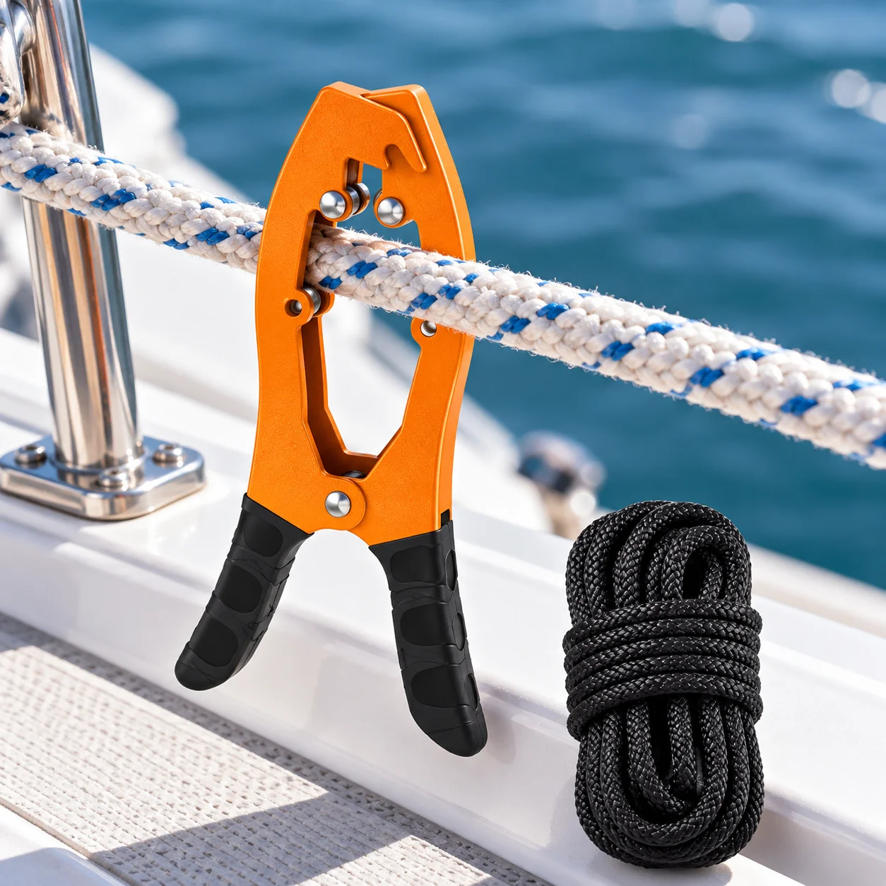 Self-Locking Kayak Anchor Clamp with Rope Tension Jaws for Reliable Line Control on Fishing Canoes Boats and Marine Watercraft