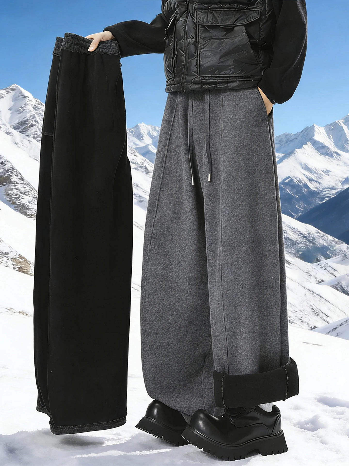 

Men's Winter Fleece Lined Wide Leg Straight Cut Trousers Ultra Thick Heavy Duty Casual Loose Fit Durable Polyester Fiber