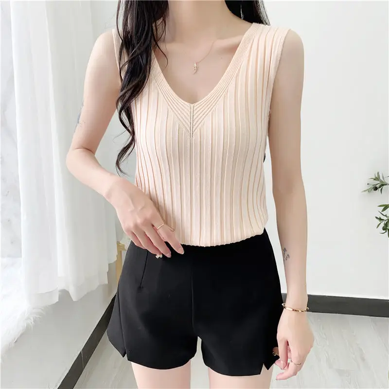 Basic Solid Color Knitted Tank Tops Summer Thin Sleeveless Women's Clothing Casual V-Neck Commute Sports Breathable Pullovers