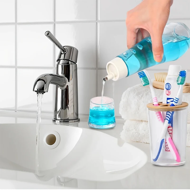 Dispensador de enjuague bucal de vidrio recargable con tapa - Contenedor transparente para encimera de baño de 5,07/8,79 oz para una fácil portabilidad