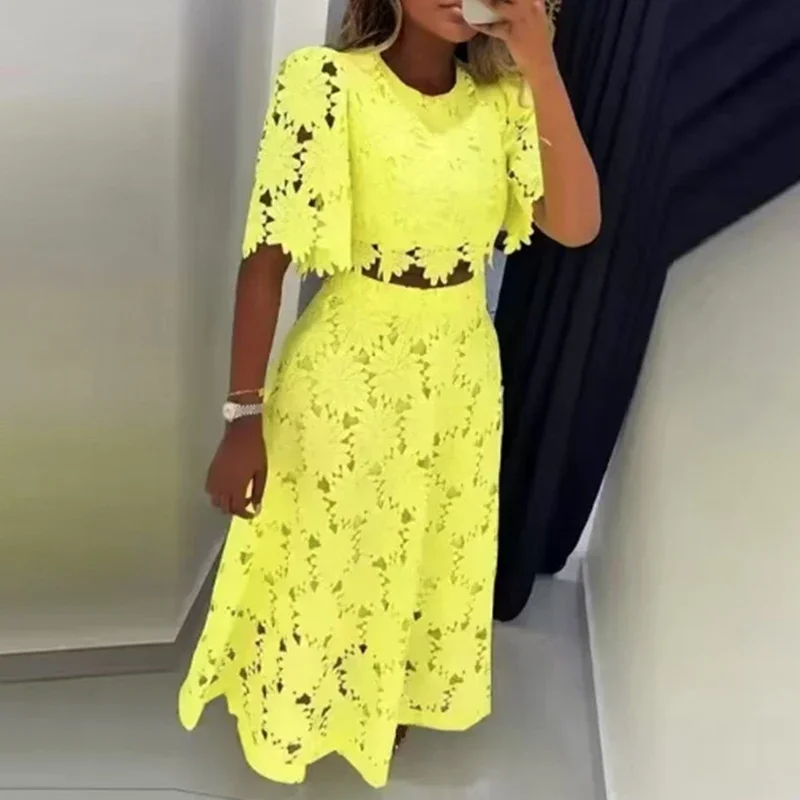 

New Ladies O Neck Short Sleeved Top + Long Skirt Suit Fashion Hollow Lace Slim 2 Piece Sets Elegant Solid Holiday Summer Outfit