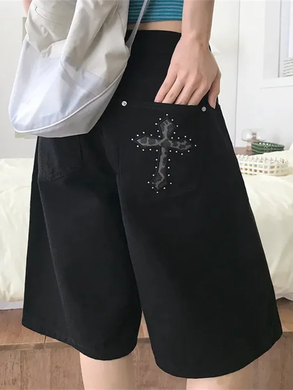 

American Style High Waist Loose Short Jeans Women's Leopard Print Cross Brick Short Pants Casual Loose Mid-Length Shorts
