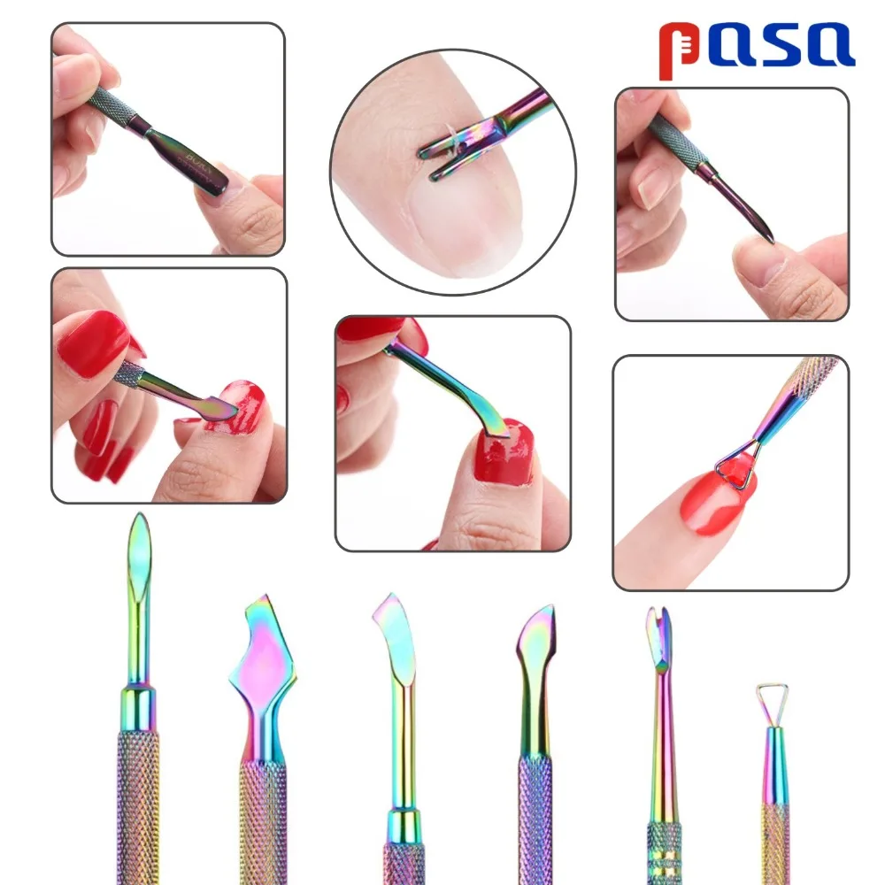 레인보우 스테인레스 스틸 네일 큐티클 푸셔 트위저 네일 아트 파일 UV 젤 폴란드어 제거 매니큐어 케어 그루브 클린 도구
