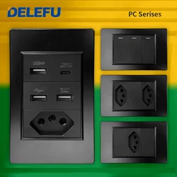 DELEFU PC Panel Fireproof Double USB Type C Charge Brazil Standard Outlet Black Wall Power Light Switch Electrical Plug  10A 20A