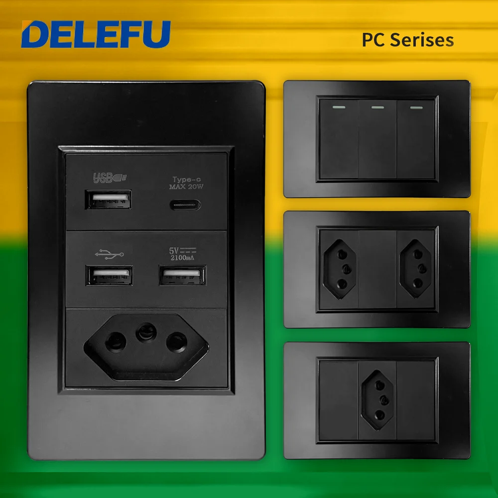 DELEFU PC Panel Fireproof Double USB Type C Charge Brazil Standard Outlet Black Wall Power Light Switch Electrical Plug  10A 20A
