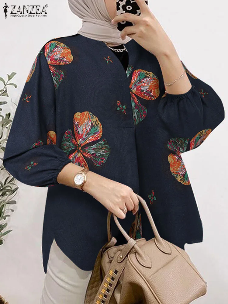 

ZANZEA Retro Printed Muslim Blouse Women V Neck 3/4 Sleeve Vintage Shirt Casual Tops Islamic Clothing Bohemian Holiday Blusas