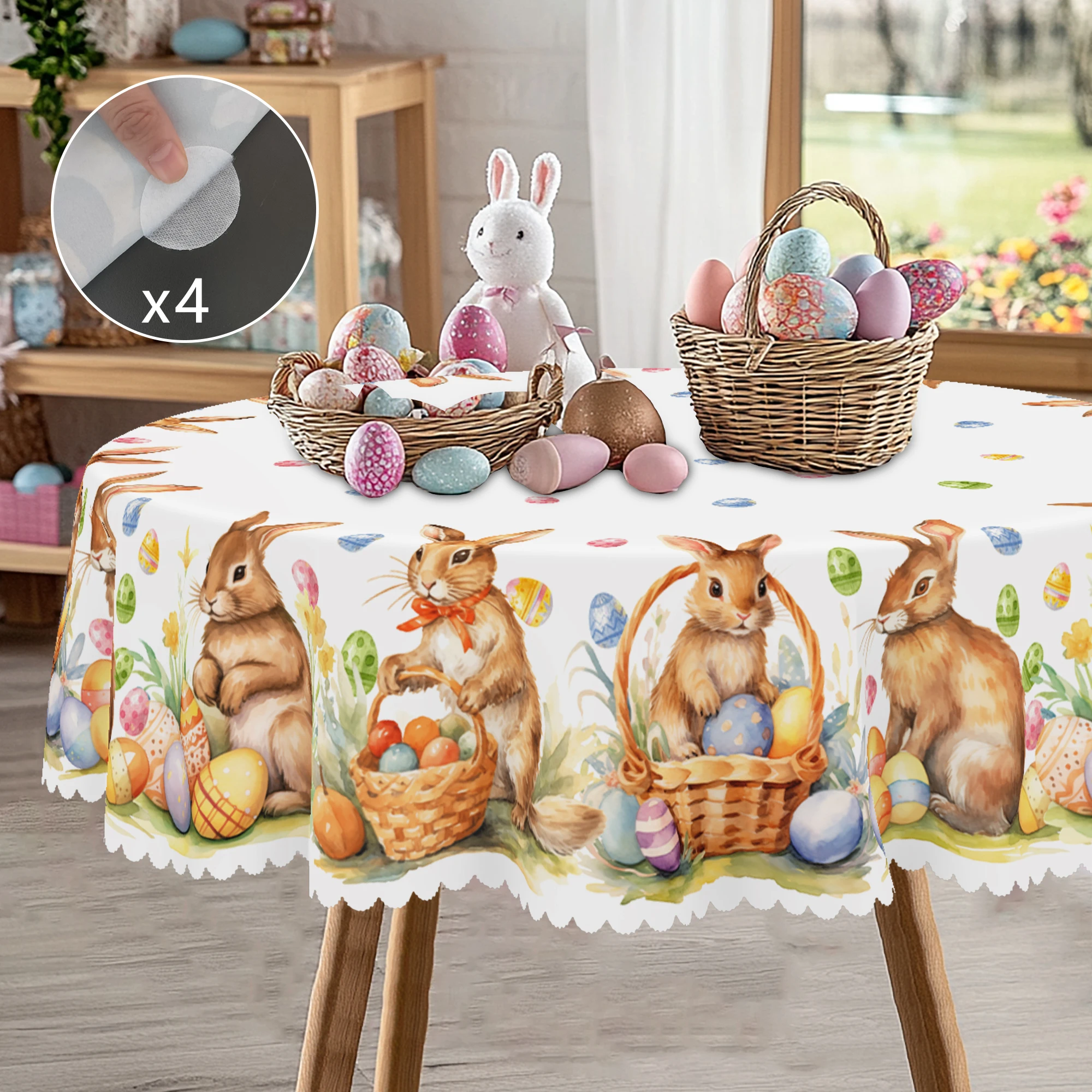 1 Easter Round Tablecloth, 5 Sizes Available, Easter Tulip Egg Rabbit Printed Square Tablecloth, Edge Embossing Process, Spring Garden Tablecloth