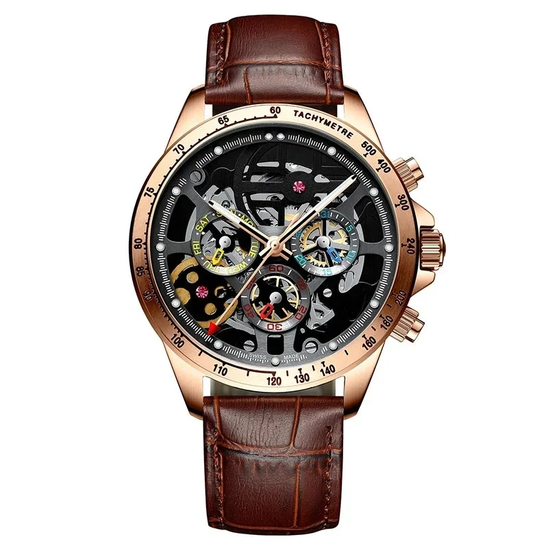 Ailang Automatic Mechanical Watches Black Technology Hollow Waterproof Calendar Multi-Function Wristwatch Stainless Steel