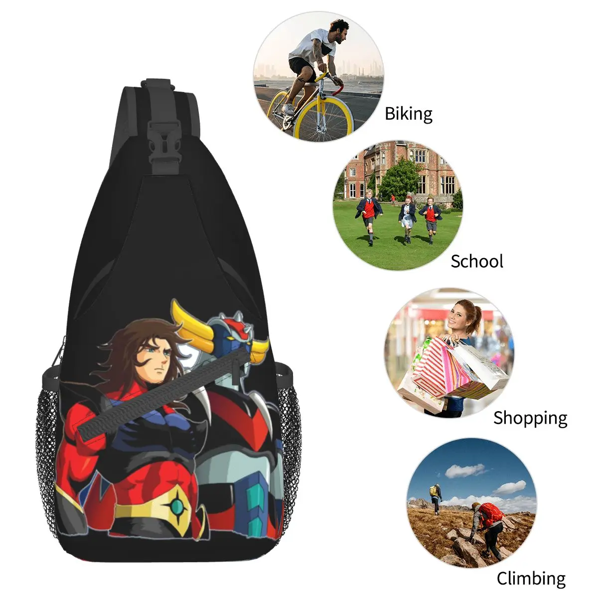 Grendizer Actarus UFO Robot Small Sling Bag Chest Crossbody Shoulder Sling Backpack Outdoor Daypacks Anime Printed School Bags