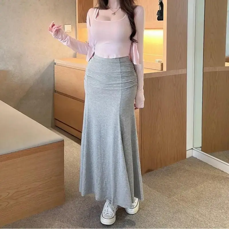 

Корейские новые элегантные тонкие облегающие юбки средней длины с рюшами, универсальные модные сексуальные женские длинные юбки средней длины с подолом русалки, новинка 2025, 5H09