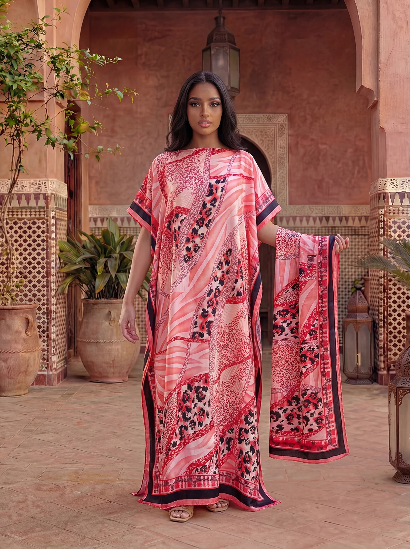 Mixed Leopard Zebra Print Abaya With Scarf, Loose Maxi Kaftan For African Muslim Women Summer Beach Holiday Wear