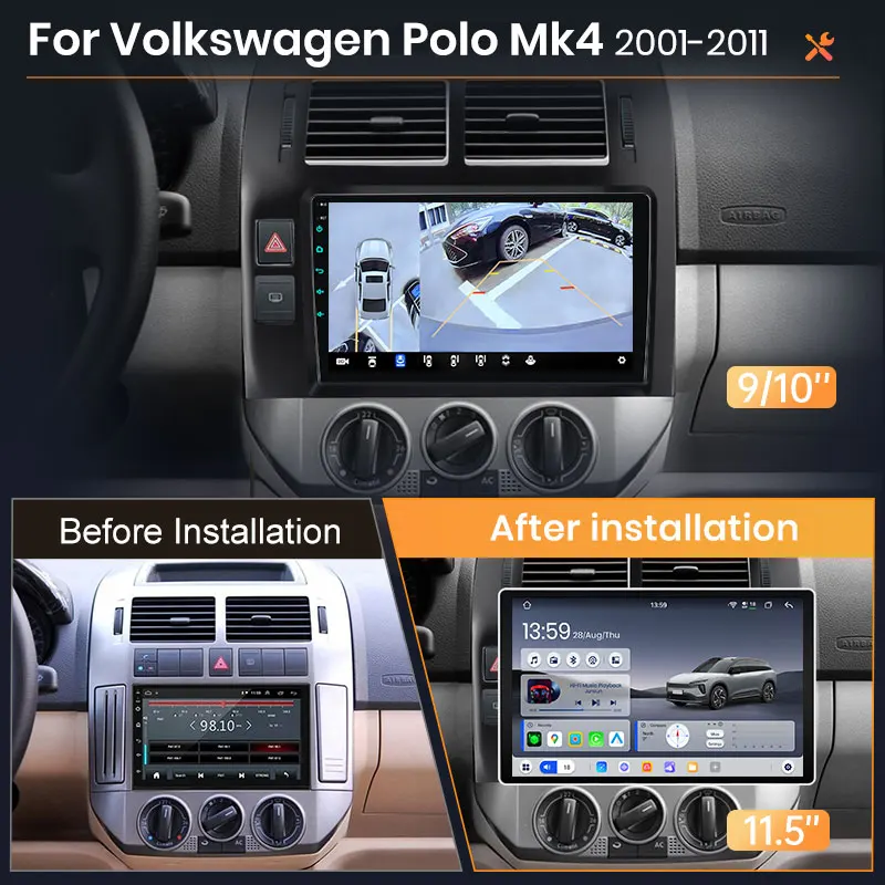 AWESAFE Radio Android de 9 pulgadas para VW Volkswagen Polo Mk4 IV 2001-2009, CarPlay inalámbrico y Android Auto, navegación GPS, soporte multimedia, control del volante, amplificador de subwoofer, cámara trasera, Plug and Play, DAB+, autorradio digital, radio de coche 2 DIN, estéreo RDS BT 2