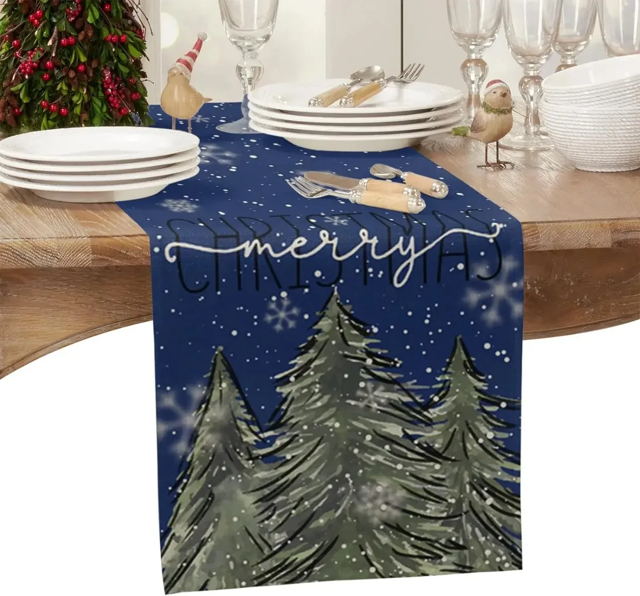 Christmas Tree Linen Table Runner Dresser Scarf Table Decor Washable Winter Xmas Dining Table Runners Christmas Decorations