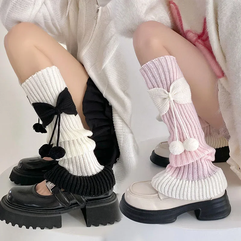 

Осенне-зимние эластичные носки-трубочки для девочек, гетры в стиле Лолиты JK, вязаные обогреватели, теплые чулки, женские милые чехлы для ног с бантом