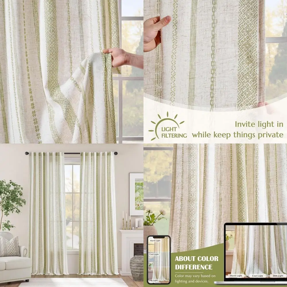 

Зеленые геометрические полосатые шторы из льняной смеси, длина 96 дюймов, в богемном стиле, светопропускающие, для гостиной, 2 панели