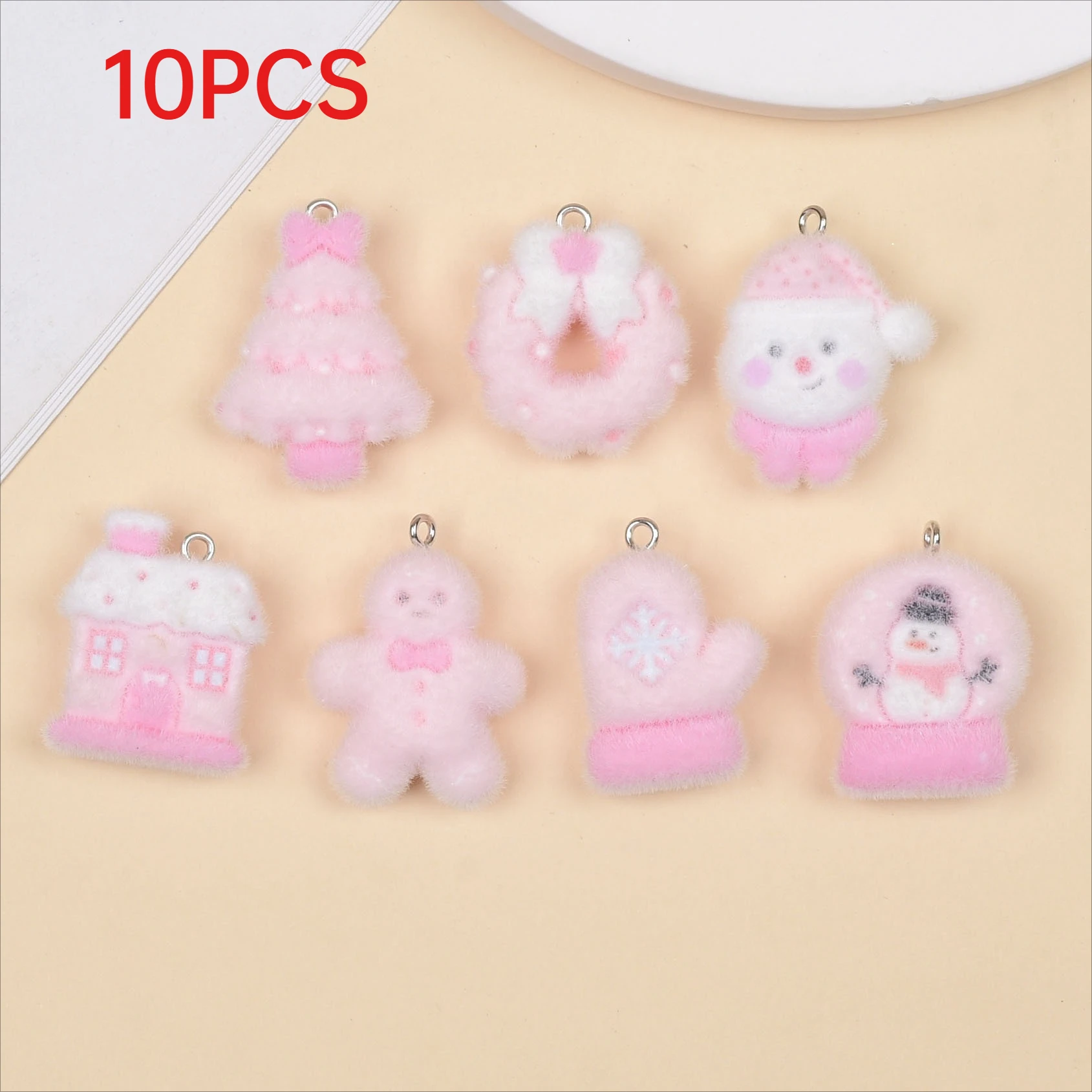 

10Pcs Flocked Christmas Charms Cute Pink Series Resin Pendants For DIY Keychain Phone Strap Car Ornament Accessories