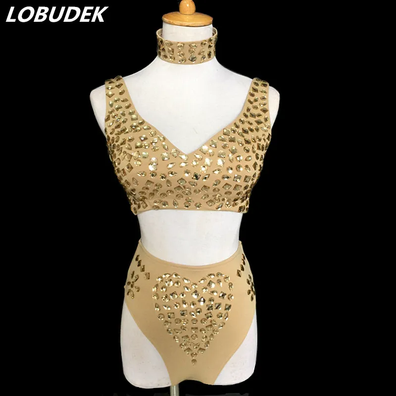 

Khaki Rhinestones Bikini Set Sexy Nightclub DJ Singer Stage Dance Wear Jazz Dance Teams Costume Bar Party Dance Outfits