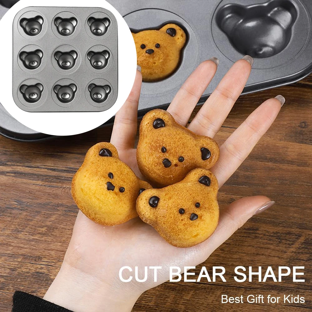 9 Cavity Bear Shaped Muffin Pans Non-Stick Madeleine Mold Cake Pan Cute Bear Bakeware DIY Biscuit Candy Mould Baking Supplies