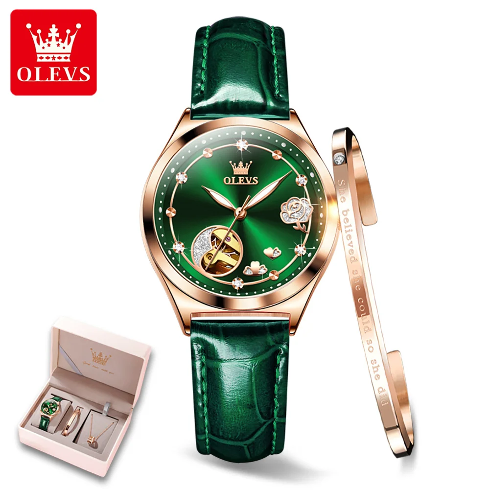 

OLEVS Women Mechanical Watch Leather Watch Strap Elegant Retro Fashion Ladies Wristwatch Skeleton Waterpoof Luminous Girls Watch