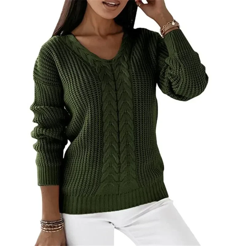 

Elegant Long Sleeve Pullover Winter Fashion Solid Twist Sweater Autumn V-neck Knitted Women Clothes Casual Knitwear Tops 29441