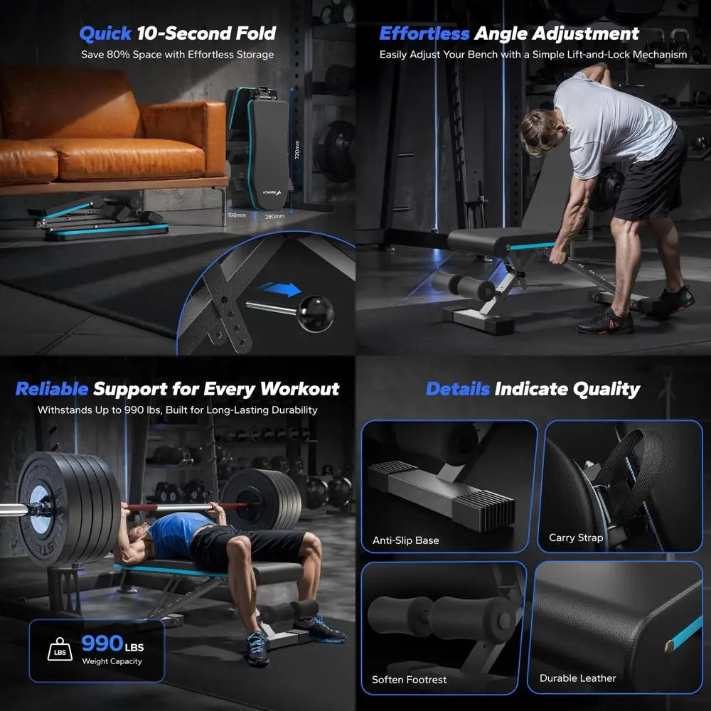 ウェイトベンチ、990ポンドの耐荷重を持つ家庭用ジム用折りたたみ式ウェイトベンチ、72のトレーニング角度を備えた調節可能なウェイトベンチ、インクラインベンチ