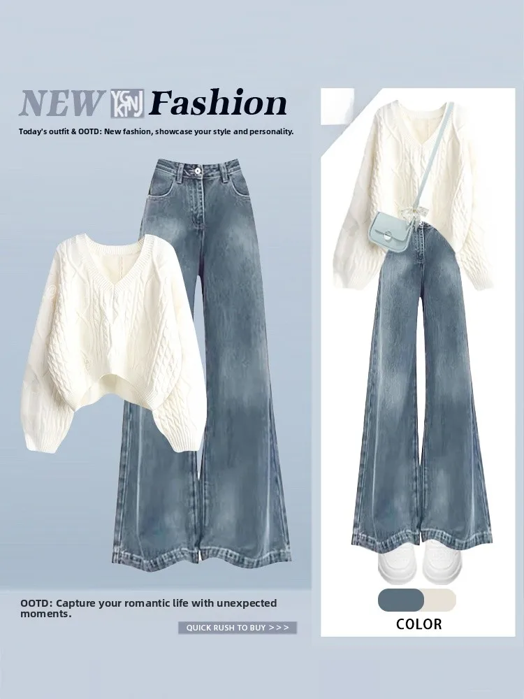 Autunno Inverno Morbido e accogliente Design con foro alla moda Maglione e jeans a campana Set da due pezzi per donna Casual Loose Sle Faion