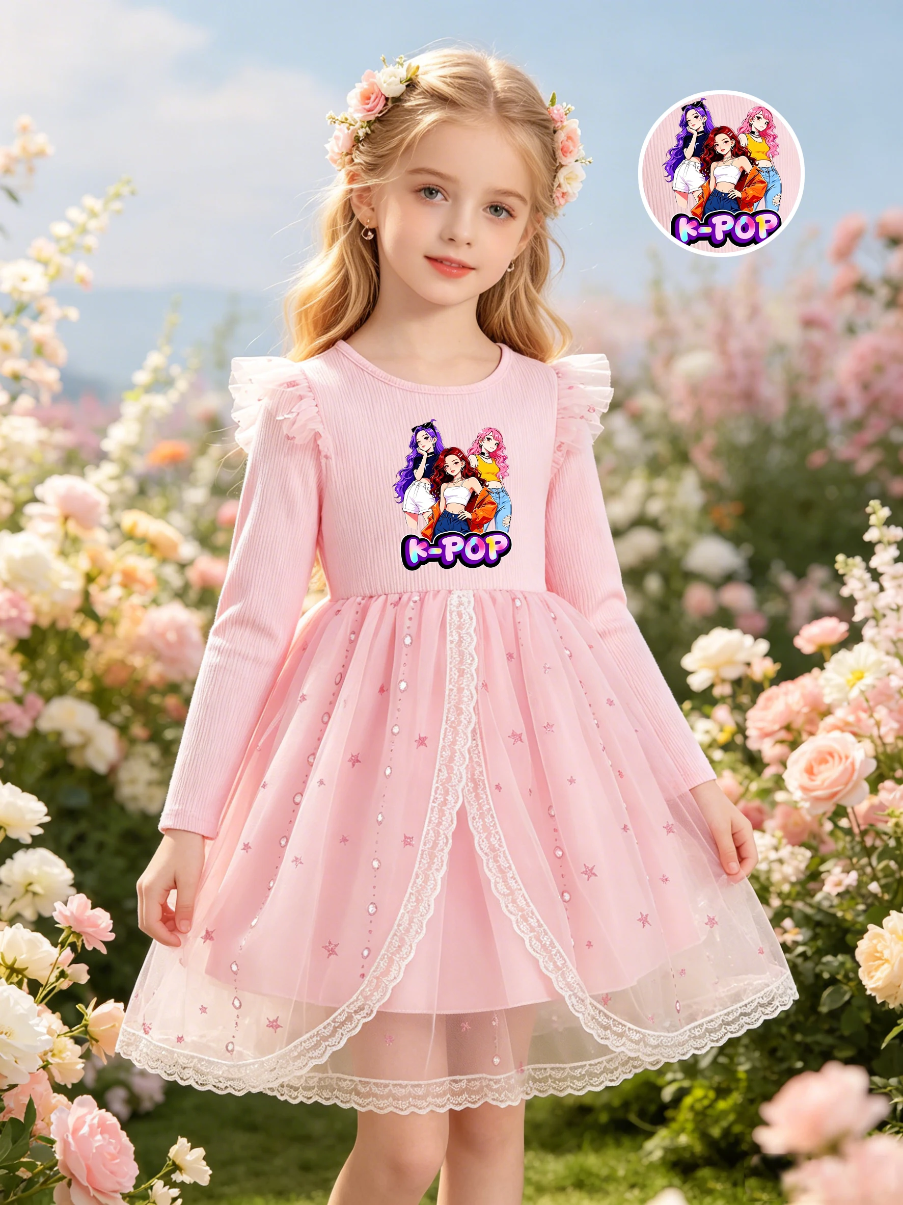 Mädchen-Prinzessinnenkleid im K-Pop-Stil mit Cartoon-Print: Rosa geripptes Langarm-Oberteil, kombiniert mit einem Tüllrock mit Sternen-Pailletten – ein Kleid, das… – Detail 1