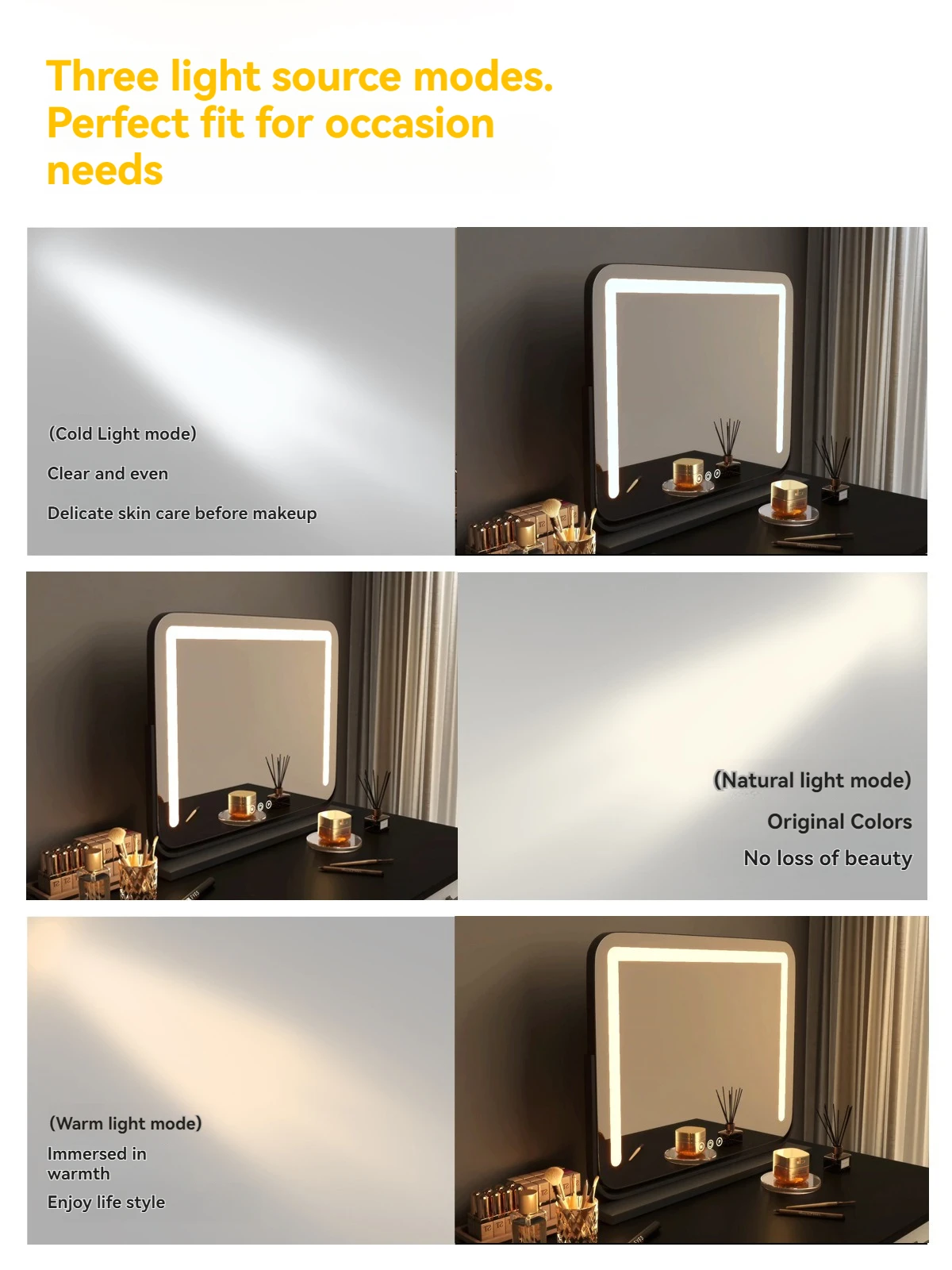 مرآة ماكياج ذكية ذات حجم كبير قابلة للدوران مع مرآة طاولة المكتب ذات قاعدة المصباح للاستخدام المنزلي الإضاءة الذكية #4