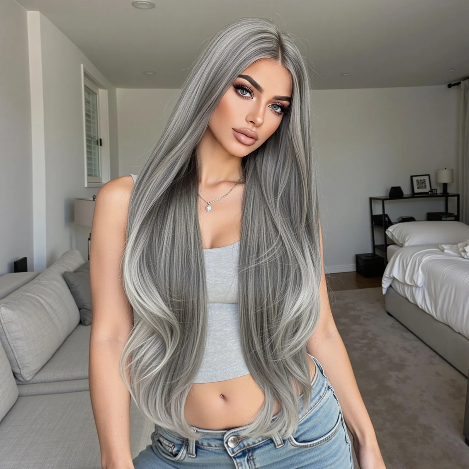 رمادي إلى رمادي فاتح الطبقات تحسس طويل بيروكات صناعية موجة للنساء أزياء أنيقة ارتفاع درجة الحرارة ألياف مقاومة للحرارة الباروكات #2