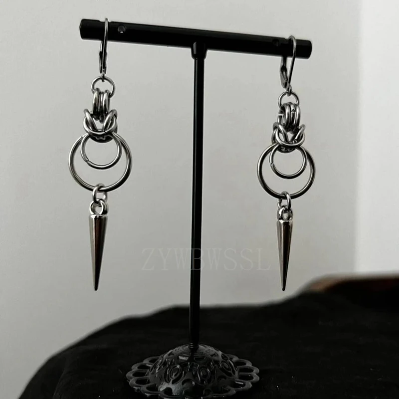 Stainless Steel Gothic Chainmail Double O Ring Spike Earrings | Huggie Hoops | Silver Hoops