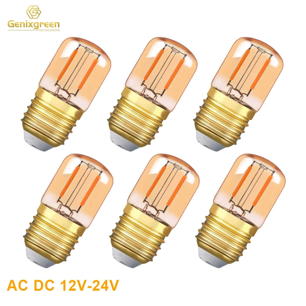 DC AC 12V 24V E27 LED Bulb T28 1W Low Voltage LED Filament Tubular Lamp Bulb Amber Glass RV Locomotive Camping Solar Light Decor