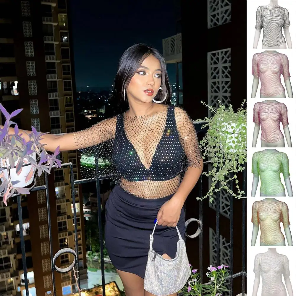 Lady Club Cover Up Hollow Out See-through Short Sleeves Shiny Rhinestone Clubwear Sparkling Fishnet Hopping Top Female Clothes