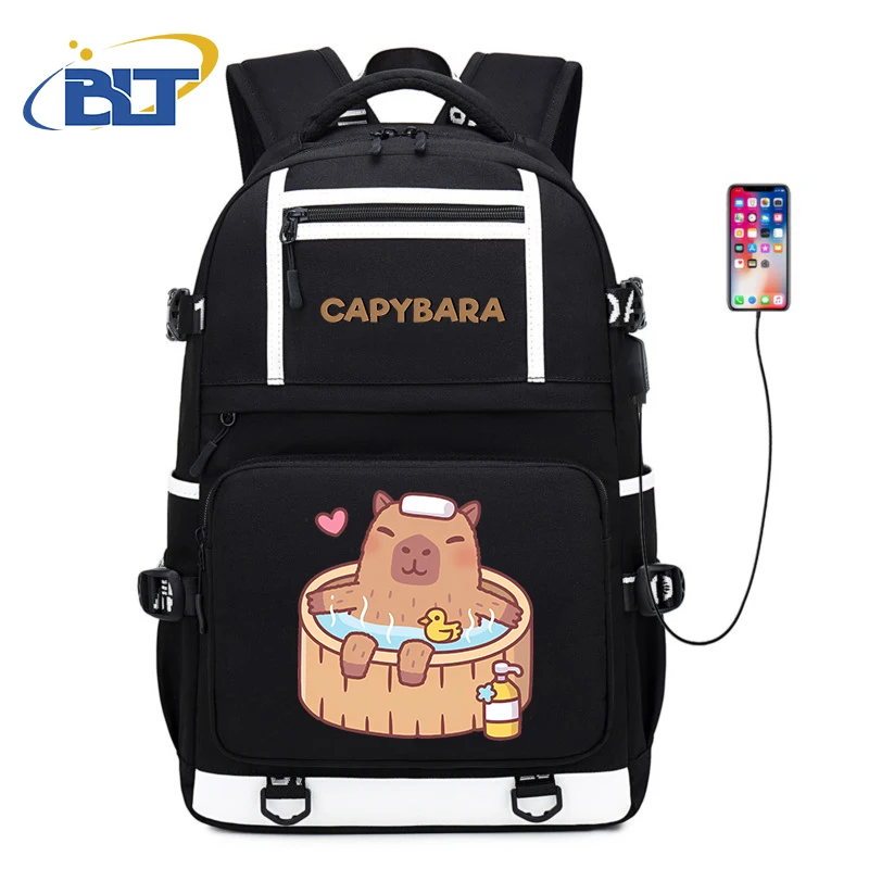 Cute Animal Capybara Printed Student Schoolbag Youth Large Capacity Backpack Black Travel Bag Kids Gift