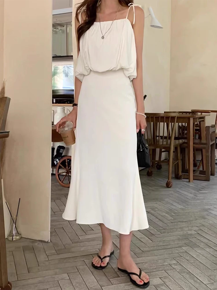 

High Waist Fi Tail Skirt Tank Top Set Women's Summer New Sle Slimming f Body Skirt Two Piece Cotton Suit