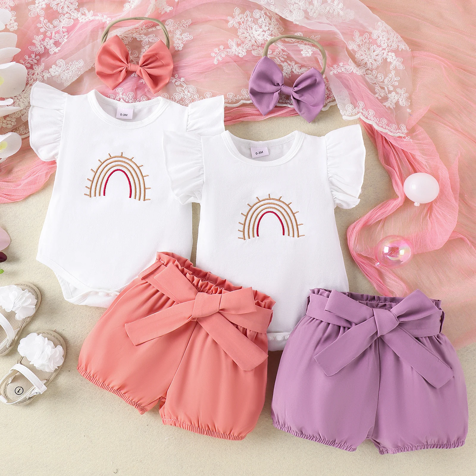 3PCS 0-2 Years Old Fashion Trend Comfortable Baby Can Use Color Rainbow Embroidery Garment + Plain Color Shorts Solid Color