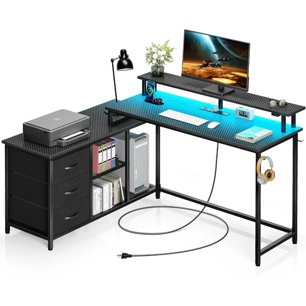 L Shaped Computer Desk with Drawers, Reversible Gaming Desk with LED Lights & Charging Port, Corner Desk with Storage Shelves