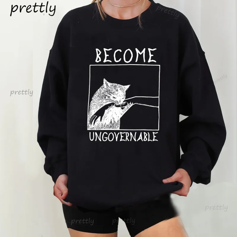 Word Ungovernable Black Cat Bijtende Hand Grappige Sweatshirts Lange Mouw Trui Grafische Hoodies Y2k Kleding Streetwear Tops
