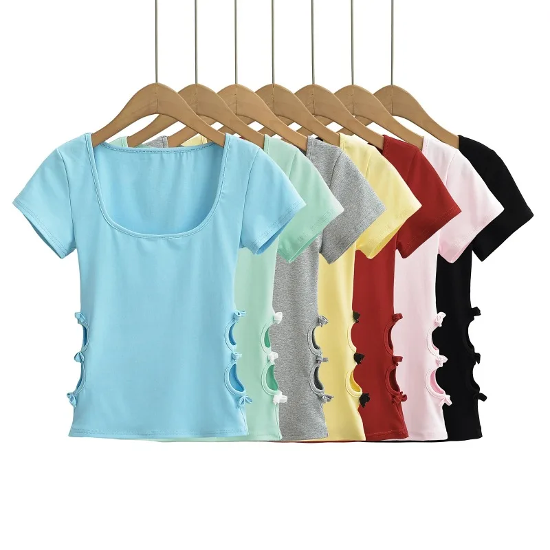 Bow Hollow Square collar Summer New Solid Women Short Sleeve Tops Sexy Pullover Bottoming Blouses T-shirt