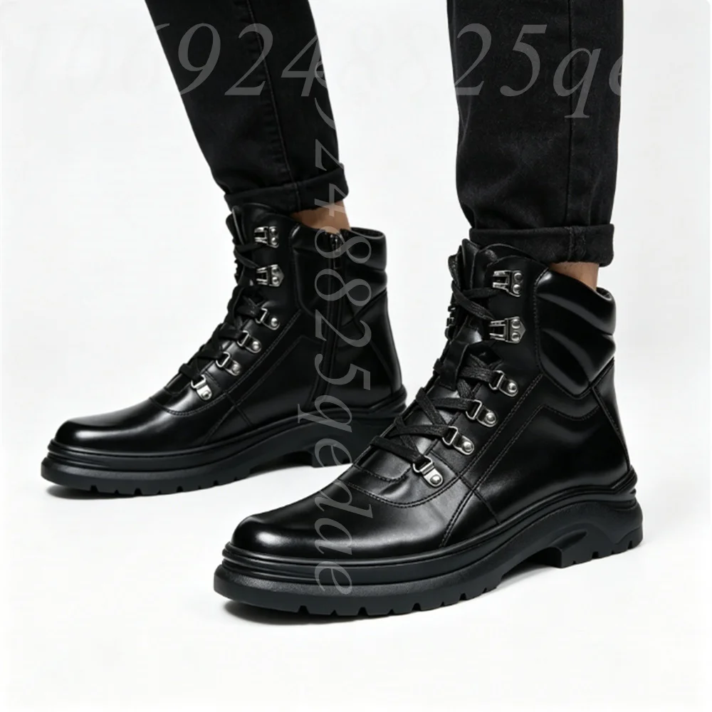 

Мужские черные матовые кожаные ботинки на шнуровке для походов, с массивной нескользящей подошвой, круглым носком, водонепроницаемые зимние тактические ботинки для мужчин