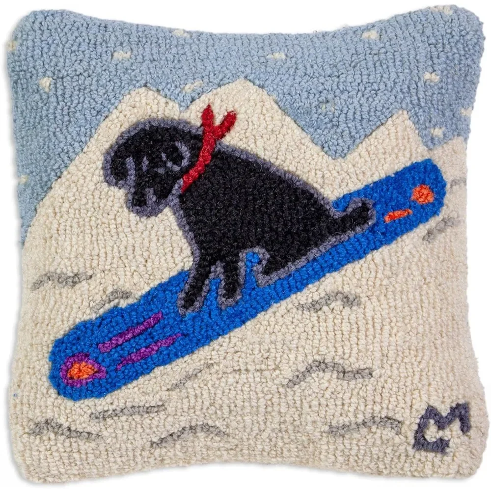 Artist-Designed Snowboard Lab Hand-Hooked Wool Decorative Throw Pillow (14 in x 14 in) Lab Dog Pillow for Couches & Beds