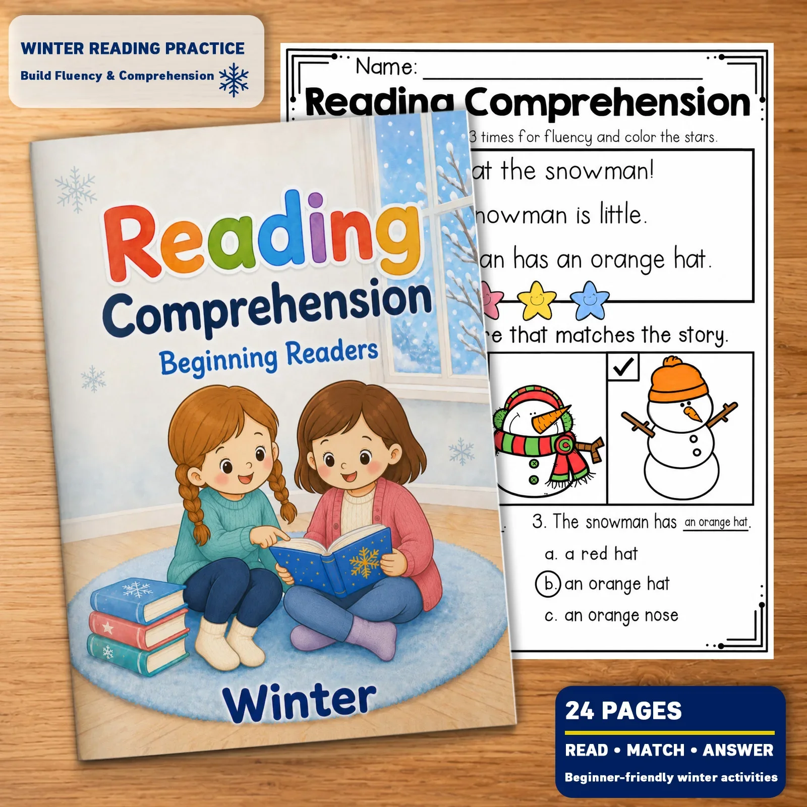 Winter Reading Comprehension Workbook, Simple Stories, Fluency, Picture Matching and Question Activities for Beginners